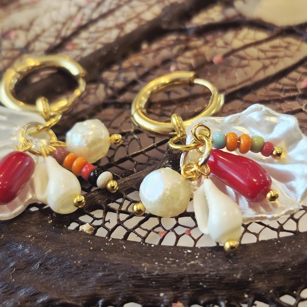 18k Gold Plated Stainless Earrings  Red Coral Freshwater Pearl Natual Shell - Picture 7 of 7